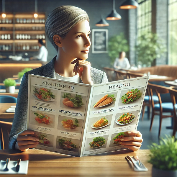 A person looking at a restaurant menu with a focus on healthy options.