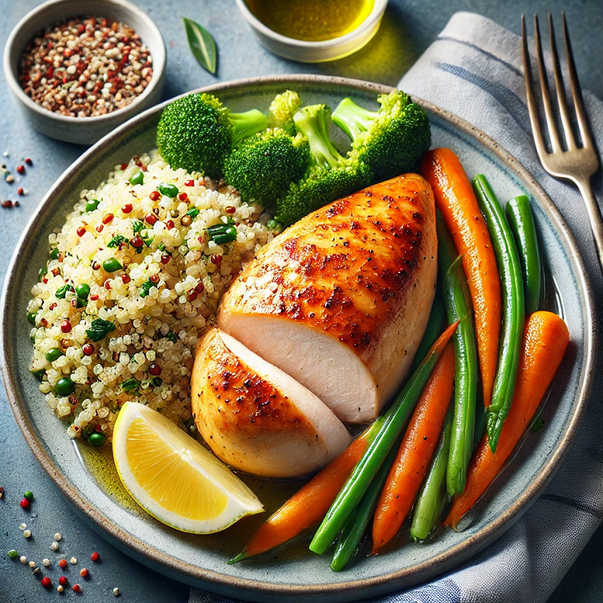 Baked Chicken with Quinoa and Steamed Vegetables