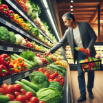 a shopper selecting fresh produce in a supermarket, symbolizing the importance of making informed choices for better diabetes management.