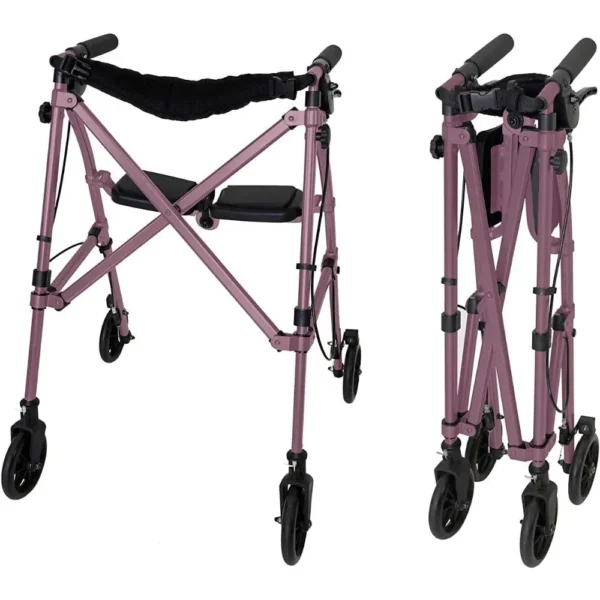 Lightweight Folding Space Saver Mobility Rolling Walker for Seniors and Adults 6-inch Wheels  Locking Brakes - Image 2